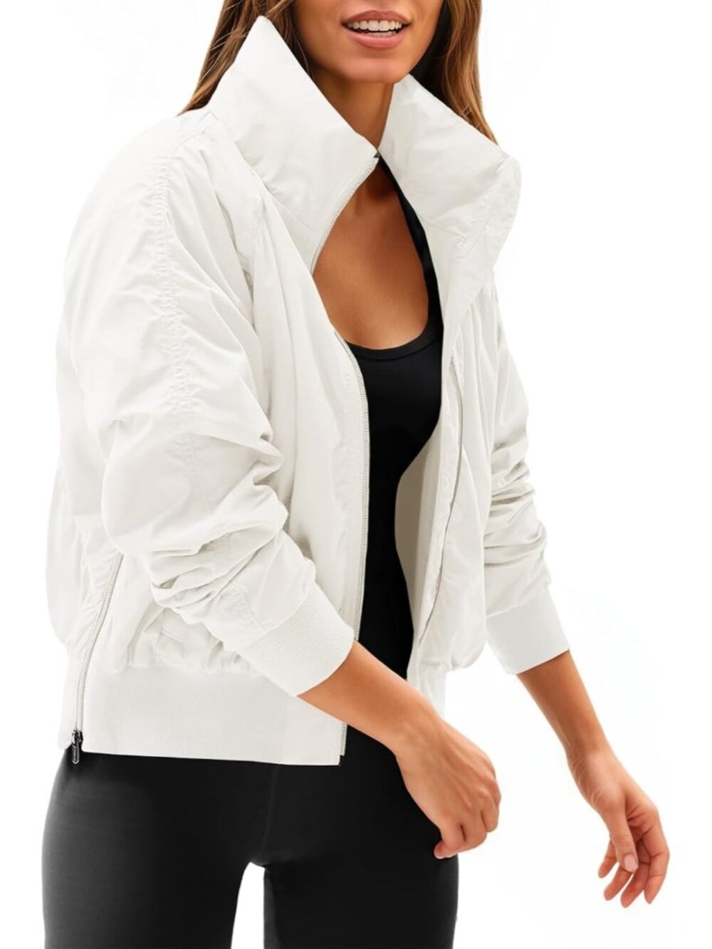 Women White Polyester Hidden Hooded Long Sleeve Zip Up Pocket Bomber Jacket